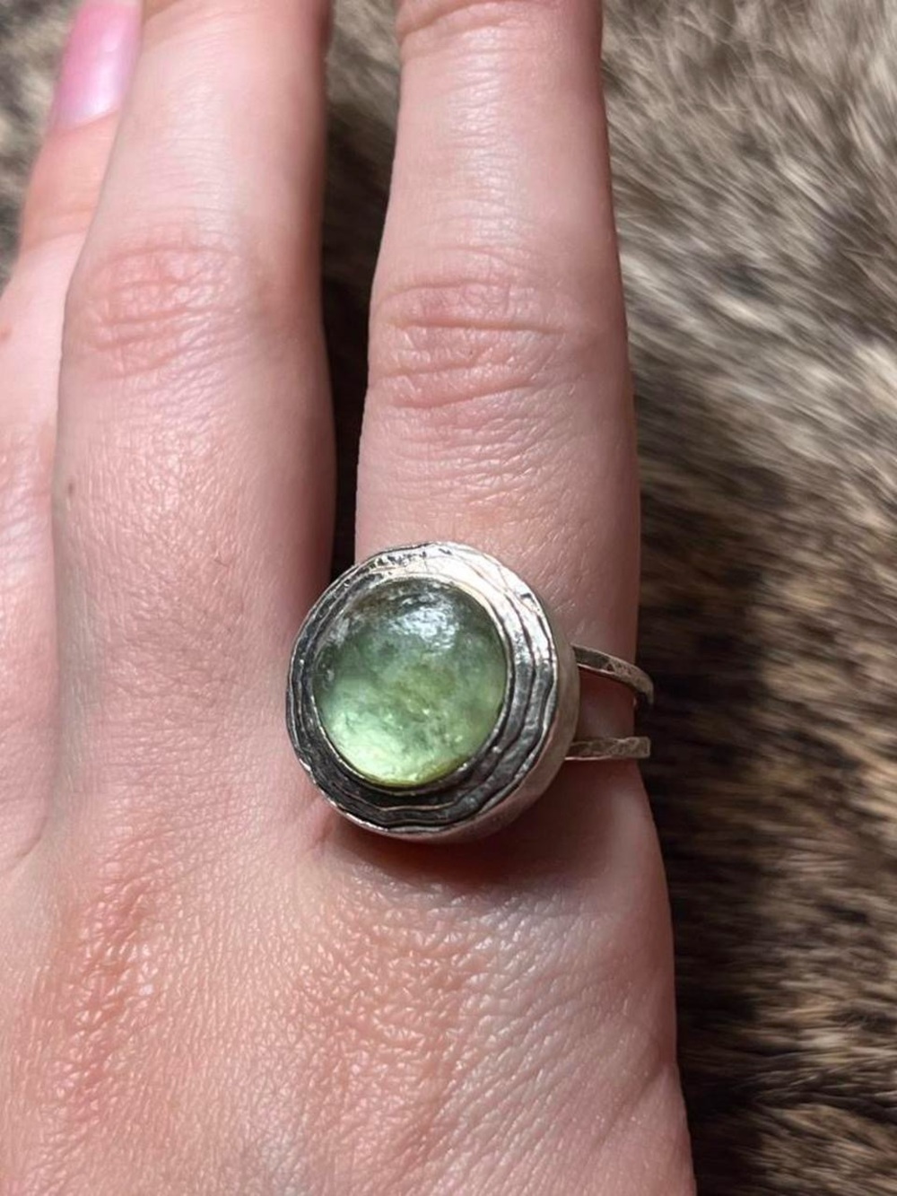 Sterling silver Luli Hamersztein sage green roman glass ring. I love this shape,